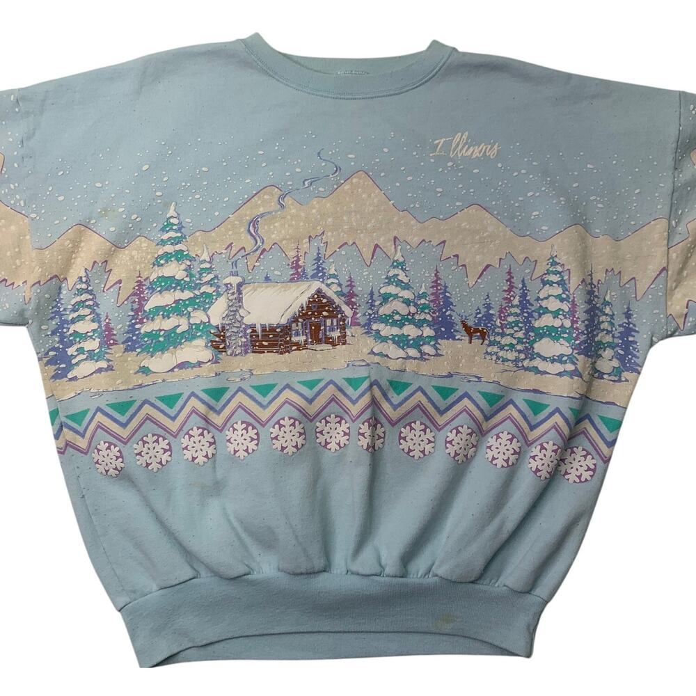 VTG Illinois Winter Wonderland Cabin Sweatshirt One Size Puffy Snow Textures 80s